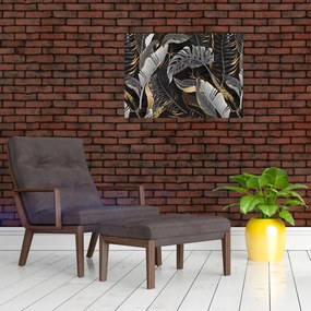 Obraz - Tropikalne liście w kolorze czarno - złotym (70x50 cm)