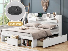 Łóżko dwuosobowe z drewna 140x200 cm - z portem ładowania i wielofunkcyjnymi schowkami - Białe