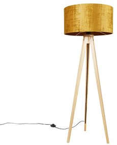 Lampa podłogowa drewniana z abażurem z tkaniny w kolorze złotym 50 cm - Tripod Classic Nowoczesny Oswietlenie wewnetrzne