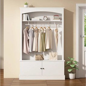 Biały wieszak z schowkiem i regulowanymi półkami – Kompaktowy mebel do przedpokoju