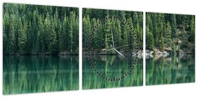 Obraz - drzewa iglaste nad jeziorem (z zegarem) (90x30 cm)