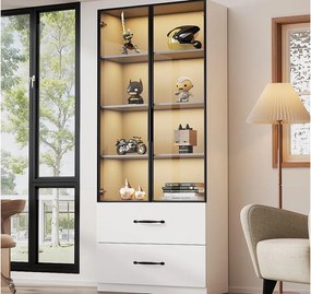 Witryna 60×40×160 cm - z oświetleniem LED - 2 szklane drzwi i 2 szuflady - konstrukcja aluminiowa - biała