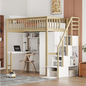 Łóżko piętrowe 90 x 200 cm z dużą szafą, biurkiem, regałem, schodami i szufladami, all-in-one, drewno MDF, biały + dąb
