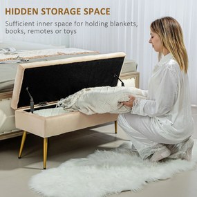 HOMCOM Ławka z miejscem do przechowywania w wyglądzie aksamitu, pikowany podnóżek z tapicerowaną ławką, rama metalowa, 102 x 35 x 43 cm, Beżowy