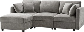Narożnik z podnóżkiem - 4-osobowa sofa z 4 poduszkami i regulowanymi podłokietnikami - szara tkanina szenilowa
