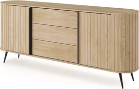 Komoda Bibi – stylowa komoda w kolorze dąb cremona z trzema szufladami, ryflowanymi frontami i czarnymi detalami