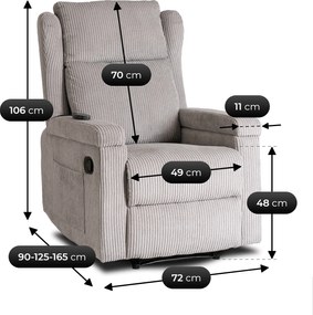 Fotel Masujący SEBASTIAN Rozkładany Wypoczynkowy z Podnóżkiem Szary Sztruksowy Nowoczesny
