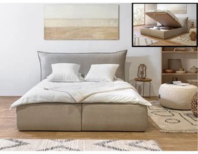 Beżowe tapicerowane łóżko dwuosobowe ze schowkiem ze stelażem 160x200 cm Jade – Bobochic Paris