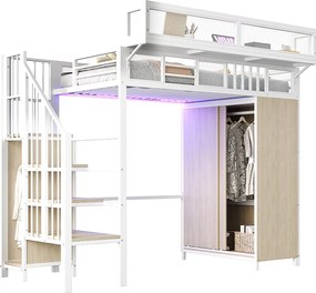 Łóżko piętrowe metalowe dla dzieci - 90 x 200 cm - z szafą + drabinką + oświetleniem LED + wyjmowanymi półkami - metal + drewno - białe