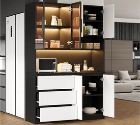 Bufet kuchenny 120.5x40x180cm - 6 drzwi + 3 szuflady - z oświetleniem LED - meble wysokie - Biały + Czarny