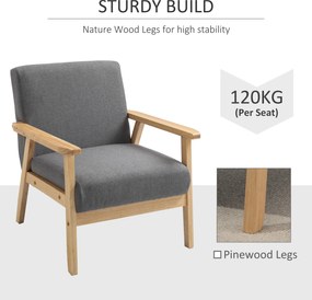 HOMCOM Stylowy Fotel Skandynawski - Lite Drewno, Imitacja Lnu, Szary Kolor, Akcentowy Design | Aosom PL