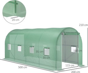 Szklarnia Outsunny 500x200x205cm, Tunel foliowy do pomidorów, Drzwi z moskitierą, Okna, Tunel foliowy ze stali ocynkowanej, Stabilny tunel do uprawy roślin, Szklarnia w komplecie z kotwami do ziemi i linami, Zielony