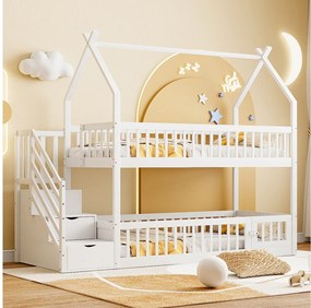 Łóżka piętrowe dla dzieci - 2 x 90 x 200 - ze schodkami do przechowywania + barierkami + dachem - drewniane - białe