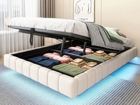 Łóżko z tapicerowanym stelażem 140x200 cm - bez wezgłowia - z oświetleniem LED - len - beżowe (materac nie jest w zestawie)