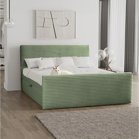 Łóżko kontynentalne z pojemnikiem i topperem TRENTO, pluszowy sztruks VELO, 120x200 cm, Oliwkowy, H3-Bonell