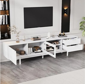 Nowoczesna szafka RTV - 200 x 40 x 50,5 cm - z 2 drzwiami + 2 szufladami - do TV 80 cali - płyta wiórowa - biała