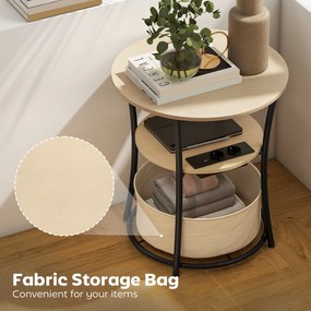 HOMCOM Stolik boczny 3-poziomowy z stacją ładującą, materiałową kieszenią, półką, 50x50x55,1 cm naturalne drewno