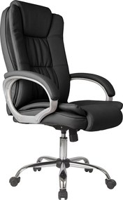 Fotel biurowy Karen z regulowaną wysokością i opuszczanym oparciem w czarnym skóropodobnym materiale.