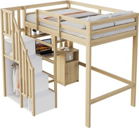 Łóżko na antresoli 90x200 cm - z półkami - z blatem roboczym - z drabinką - kolor naturalny (materac nie jest wliczony w cenę)