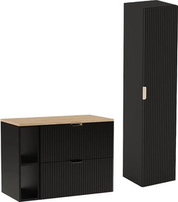 Czarny Zestaw Łazienkowy 80cm Szafka Regał Blat Orzech Słupek Ryflowane Fronty