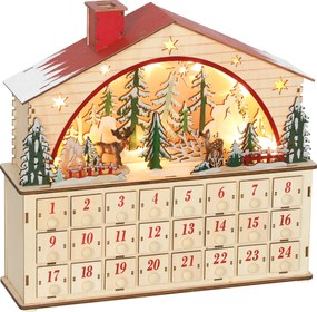 HOMCOM Kalendarz świąteczny do napełniania, 24 szufladki, przegrody z lampkami LED, naturalne drewno, 36 x 10 x 34 cm | Aosom PL