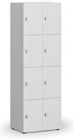 Drewniana szafka skrytkowa S4, 8 schowków, demontaż, zamek obrotowy, szary/biały