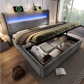 Łóżko z pojemnikiem 160x200 cm Łóżko dla dorosłych z USB i LED, tapicerowany zagłówek - szary len (bez materaca)
