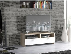 Nowoczesny matowy biały i dębowy mebel TV z inteligentnymi schowkami, 95 cm