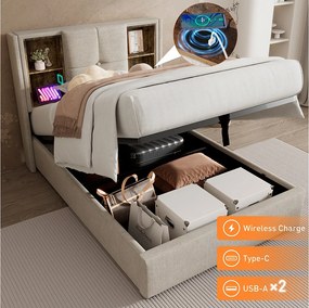 Łóżko z pojemnikiem 90 x 200 cm i zagłówkiem ze schowkiem - Gniazda USB i typu C - Tkanina lniana - Kolor naturalny