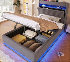Tapicerowane łóżko z pojemnikiem 90x200 cm - z portem USB Type-C - z oświetleniem LED - z przegródką do przechowywania - Szary​ (materac nie jest wliczony w cenę)