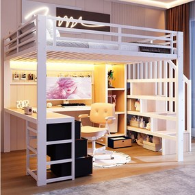 Łóżko piętrowe dla dzieci - 140 x 200 cm - rama żeliwna - z 4 szufladami + półka + drabinka + diody LED + biurko - metalowe - białe