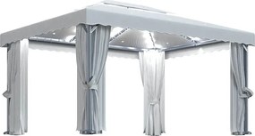 Pawilon Ogrodowy 4x3m Biało-Kremowy z Zasłonami i Girlandą LED