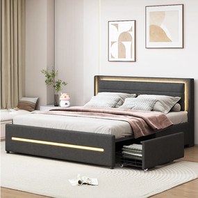 Łóżko tapicerowane 160 x 200 cm z wezgłowiem i 4 szufladami - LED - Tkanina lniana - Szare (bez materaca)