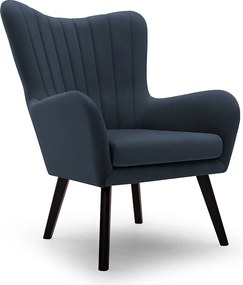 Fotel TED z tkaniny Velluto, wysoka oparcie, szerokie siedzisko, czarne nogi, pionowe przeszycia, 76x78x100 cm, granatowy