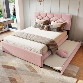 Łóżko dziecięce wysuwane - 140 x 200 cm + 90 x 190 cm z zagłówkiem - aksamitne - różowe (bez materaca)