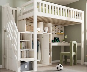 Łóżko na antresoli 90x200 cm - drabina z miejscem do przechowywania - z biurkiem, szafą i otwartymi półkami - z interfejsem USB - Biały (bez materaca)