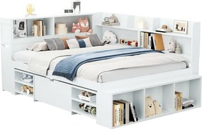 Łóżko 140 x 200 cm ze schowkami, regałem i 1 szufladą - Sklejka - Białe (bez materaca)