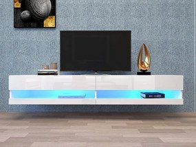 Szafka RTV ścienna z 2 wnękami - LED - 140x40x30,5 cm - Drewno MDF - Biały połysk