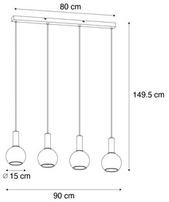 Lampa wisząca Art Deco czarna z 4-punktowym dymionym szkłem - Josje ArtDeco Oswietlenie wewnetrzne