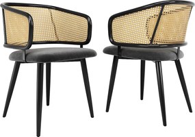 Komplet 6 krzeseł - Oparcie z rattanu i siedzisko z aksamitu - metalowe nogi - Czarny+Naturalny