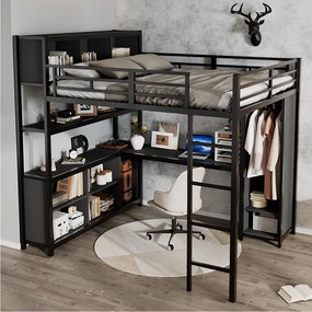 Łóżko mezzanine 140x200 cm - z biurkiem i półką do przechowywania - z szafą - z drabiną - Metal + płyty wiórowe - Czarny