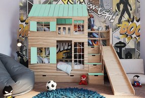 Łóżko piętrowe domek Marulla 112P ze schodami, zjeżdżalnią, ścianką wspinaczkową i pełnym dachem