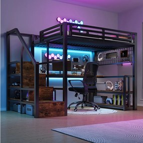 Łóżko piętrowe dla dzieci - 140 x 200 cm - rama żeliwna - z półką + diody LED + biurko + schody do przechowywania + USB - metalowe - czarne