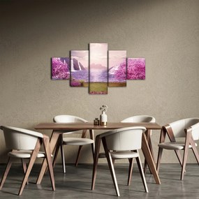 Obraz różowych drzew z jeziorem (125x70 cm)