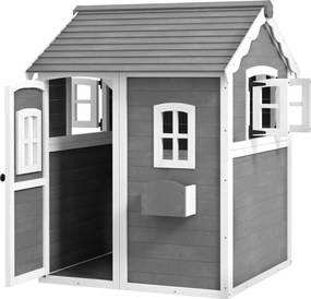 Outsunny Domek dla dzieci, do wewnątrz i na zewnątrz, z drzwiami, oknami i skrzynką na rośliny, Drewno świerkowe, Szary