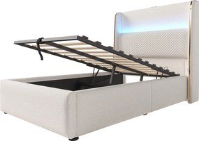 Łóżko z pojemnikiem 90 x 200 cm – łóżko pojedyncze z oświetleniem LED i portami USB/Type-C – beżowa pościel – materac w zestawie