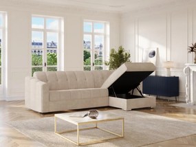 Kanapa narożna dwustronna rozkładana typu express z beżową teksturowaną tapicerką - Miejsce do spania 140 cm - Materac 22 cm - DARIELO