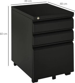 Vinsetto Rollcontainer Biurowy z 3 Szufladami Czarny 39x48x60cm Przechowywanie Dokumentów | Aosom PL