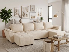 Rozkładana sofa narożna w kształcie U LIVARO 305x140 cm, kremowa