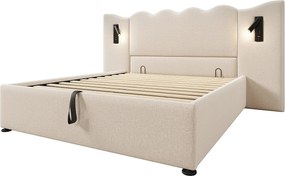 Łóżko ze schowkiem 160 x 200 cm z dużym zagłówkiem - Lampka do czytania i gniazda USB + Type-C - Tkanina lniana i lite drewno - Beżowy (bez materaca)